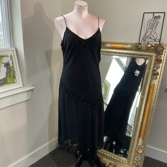 Y2K VTG Dress Barn Collection Beaded V-Neck Dress Spaghetti Strap Size 10 Black - Picture 1 of 4